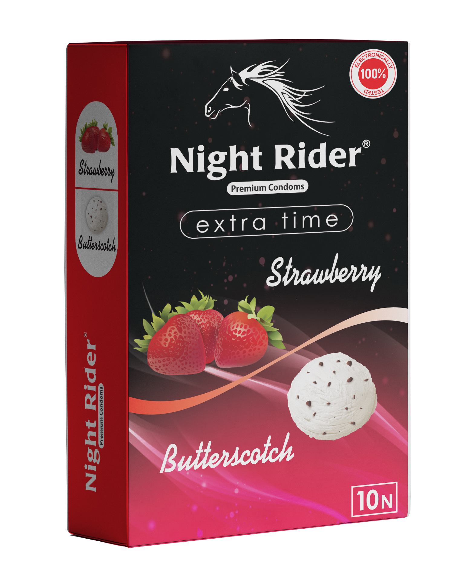 Night Rider Extra Time Strawberry & Butterscotch packaging, 10’s pack