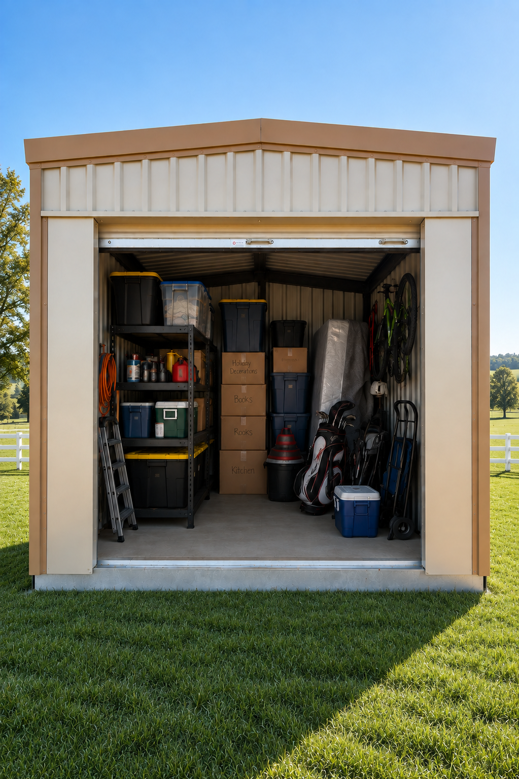 Portable storage building filled with household storage boxes and gear