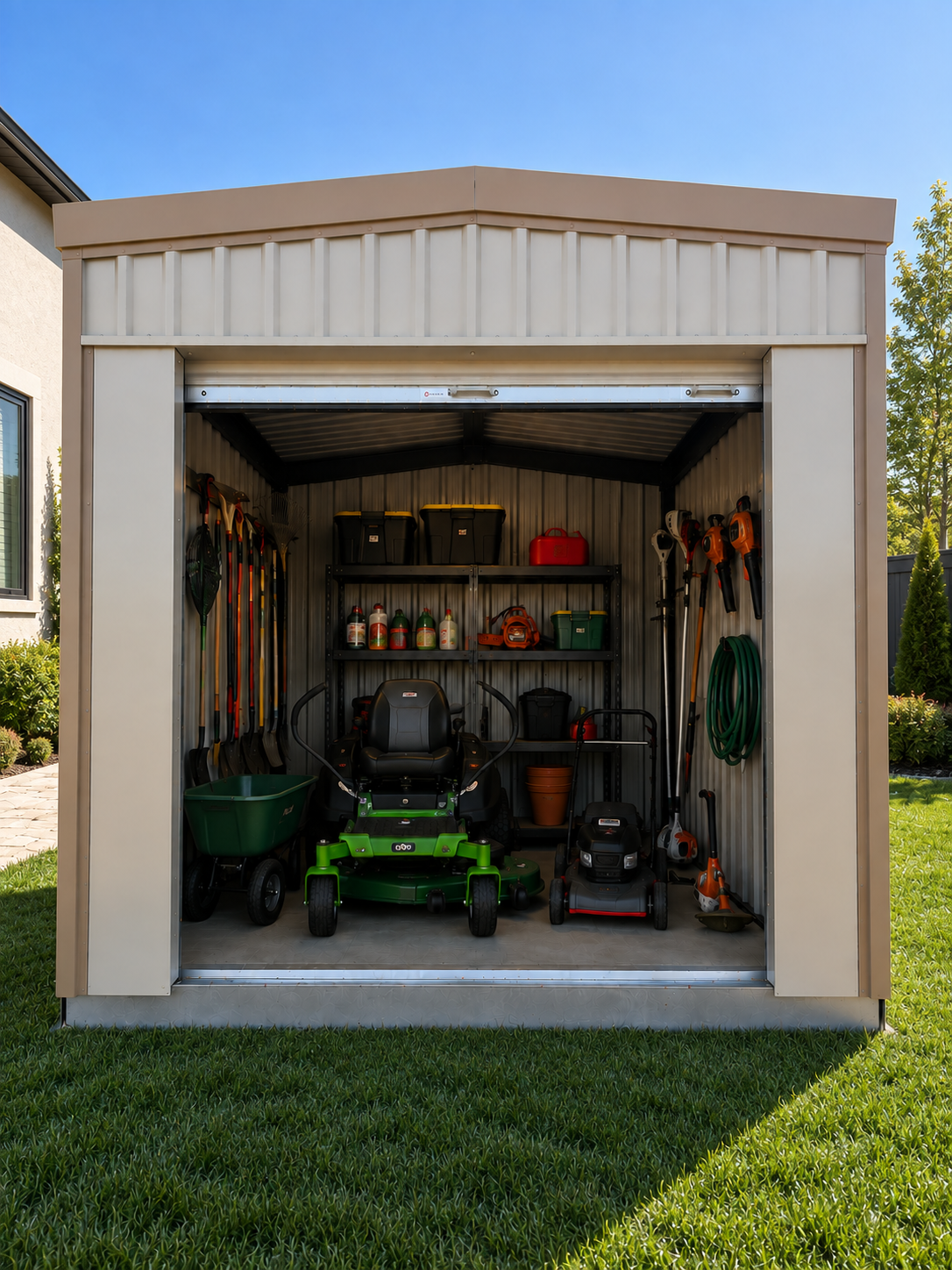 Portable storage building storing a riding mower and lawn equipment