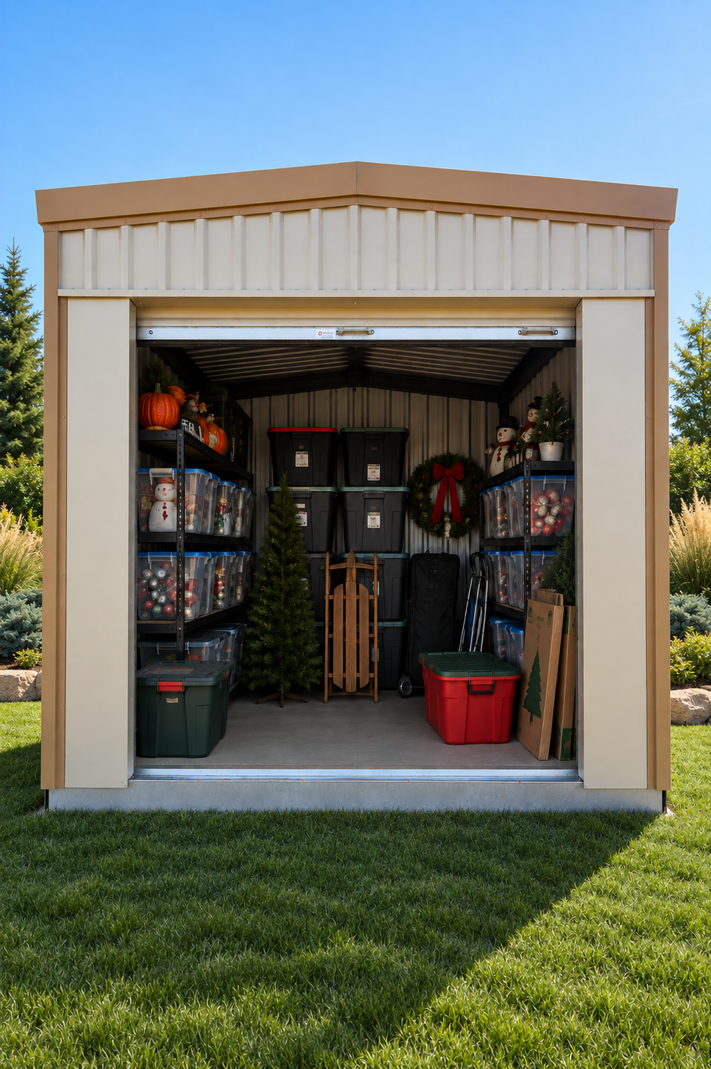 Portable storage building organized for holiday decorations and seasonal items
