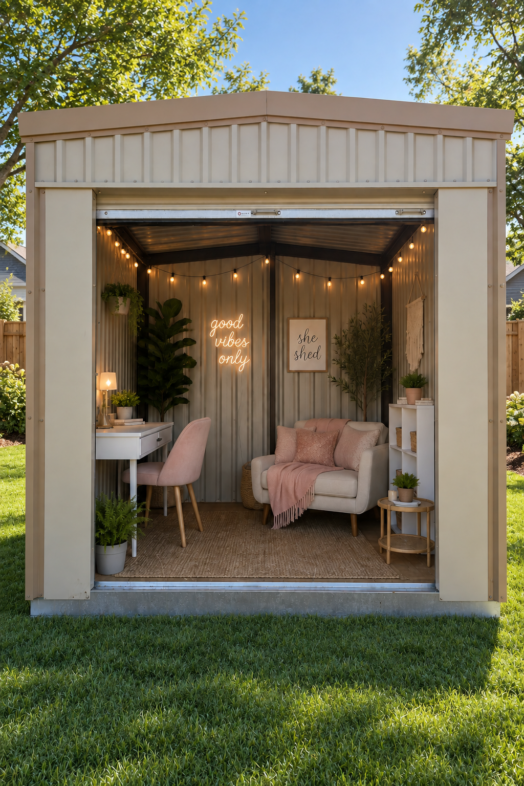 Portable storage building set up as a she shed with comfortable furnishings