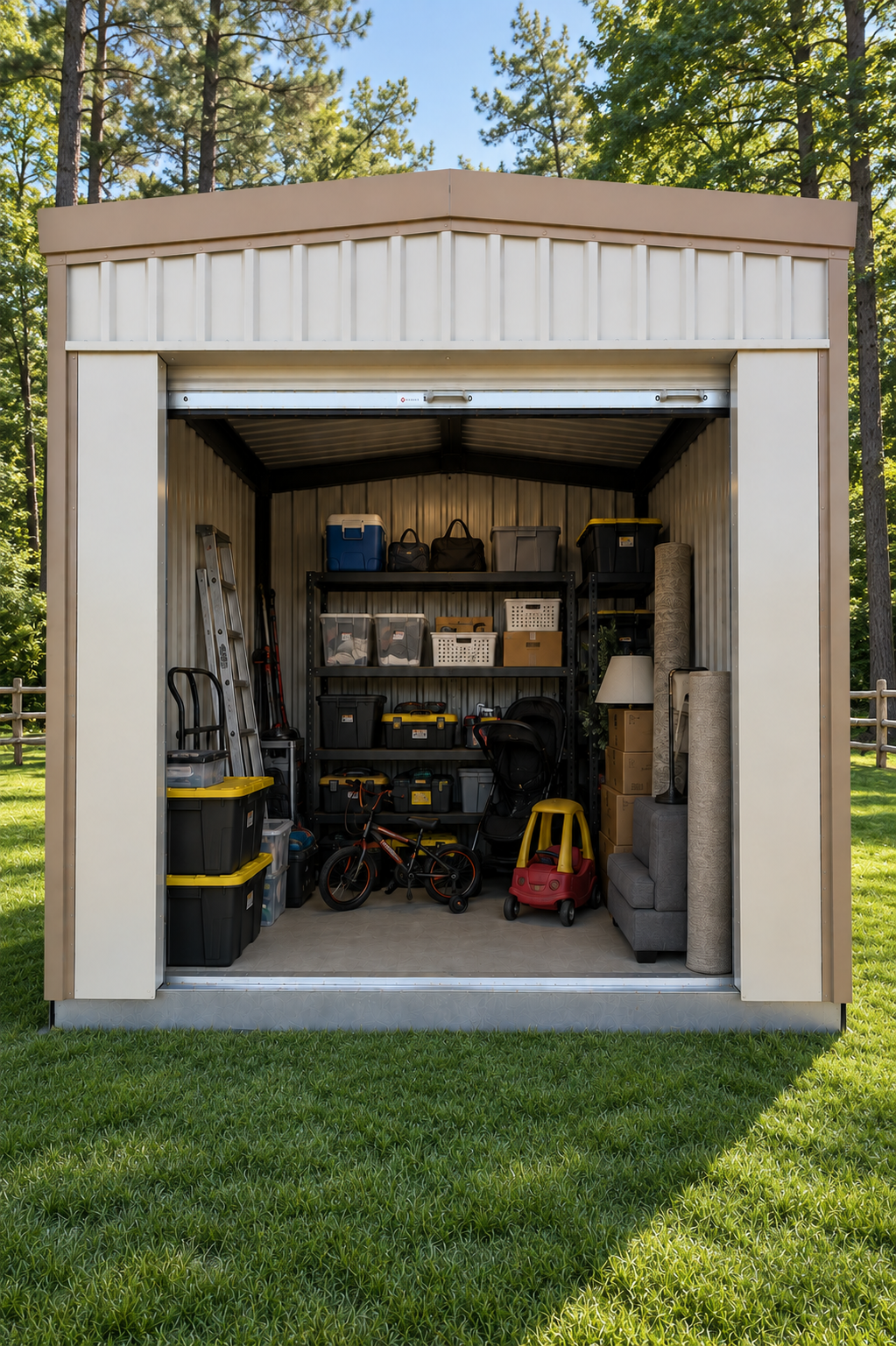 Portable storage building holding family and garage overflow items