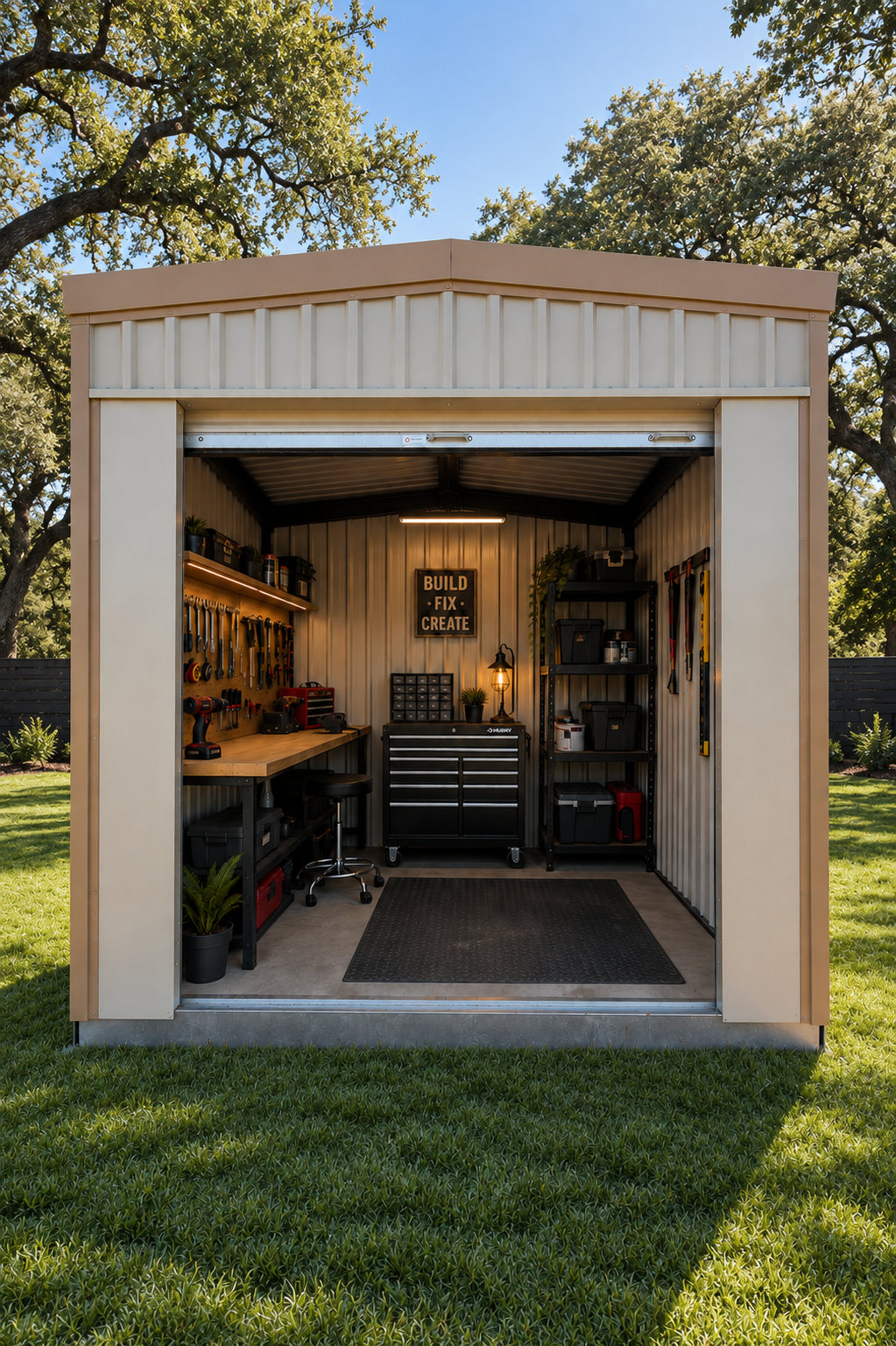 Portable storage building set up as a workshop with workbench and tools