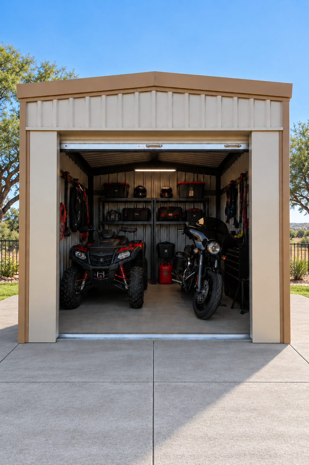 Portable storage building housing a motorcycle and ATV