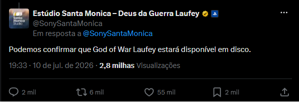 Tweet da Estúdio Santa Monica confirmando que God of War Laufey estará disponível em disco, com resposta oficial e engajamento de 2,8 milhões de visualizações
