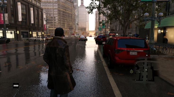 Aiden Pearce em rua de Chicago em Watch Dogs