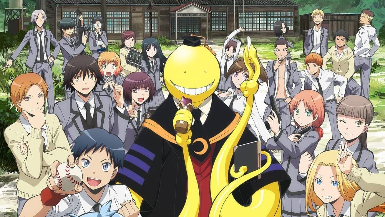 Koro-sensei e alunos de Assassination Classroom em ambiente escolar