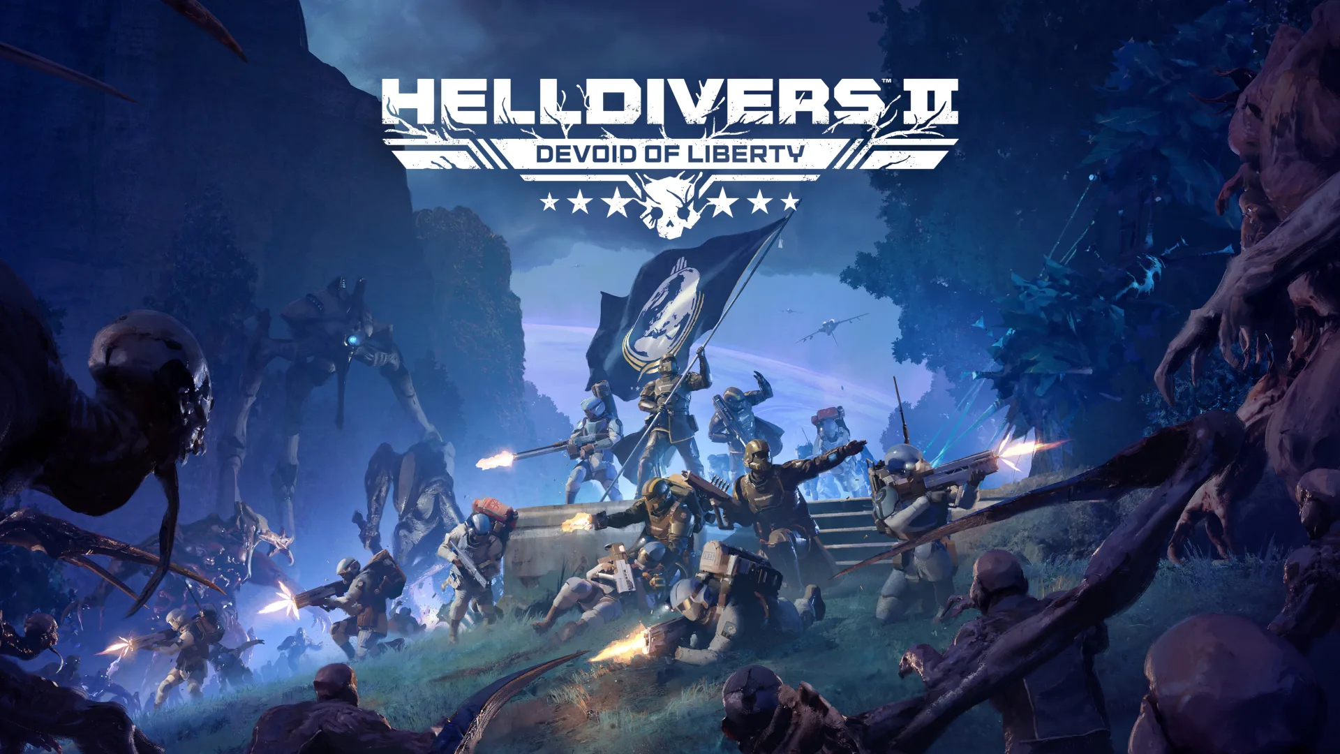 Helldivers 2 — Devoid of Liberty com soldados em combate contra alienígenas