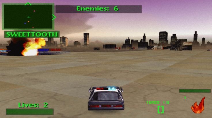 Gameplay de Twisted Metal 2 mostrando interface e combate veicular