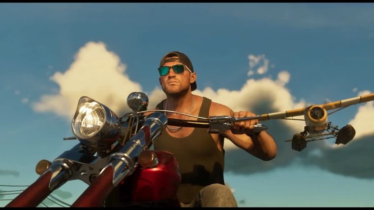 Imagem de GTA 6 com motociclista e avião ao fundo