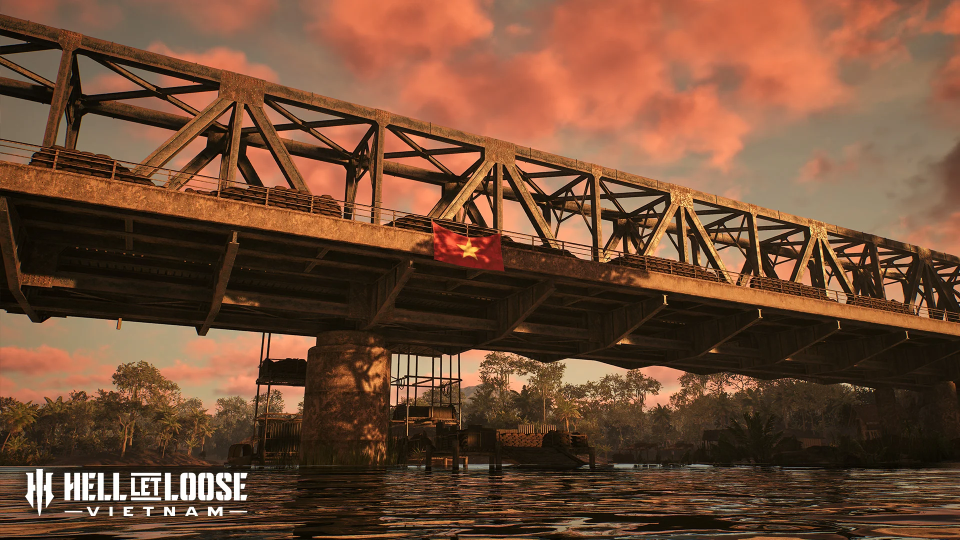 Thanh Hóa Bridge ao entardecer com a bandeira do Vietnã