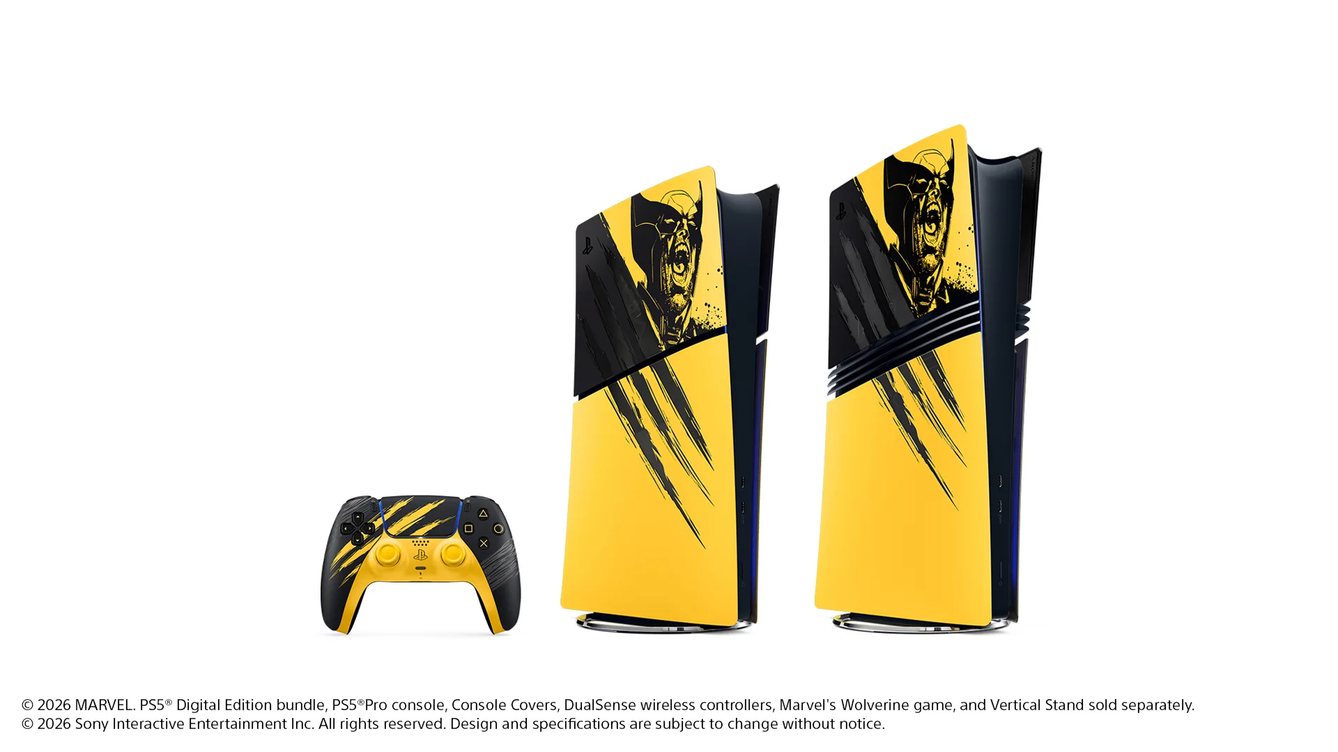 PS5 Digital Edition, DualSense e controle com design Battle Yellow de Marvel's Wolverine