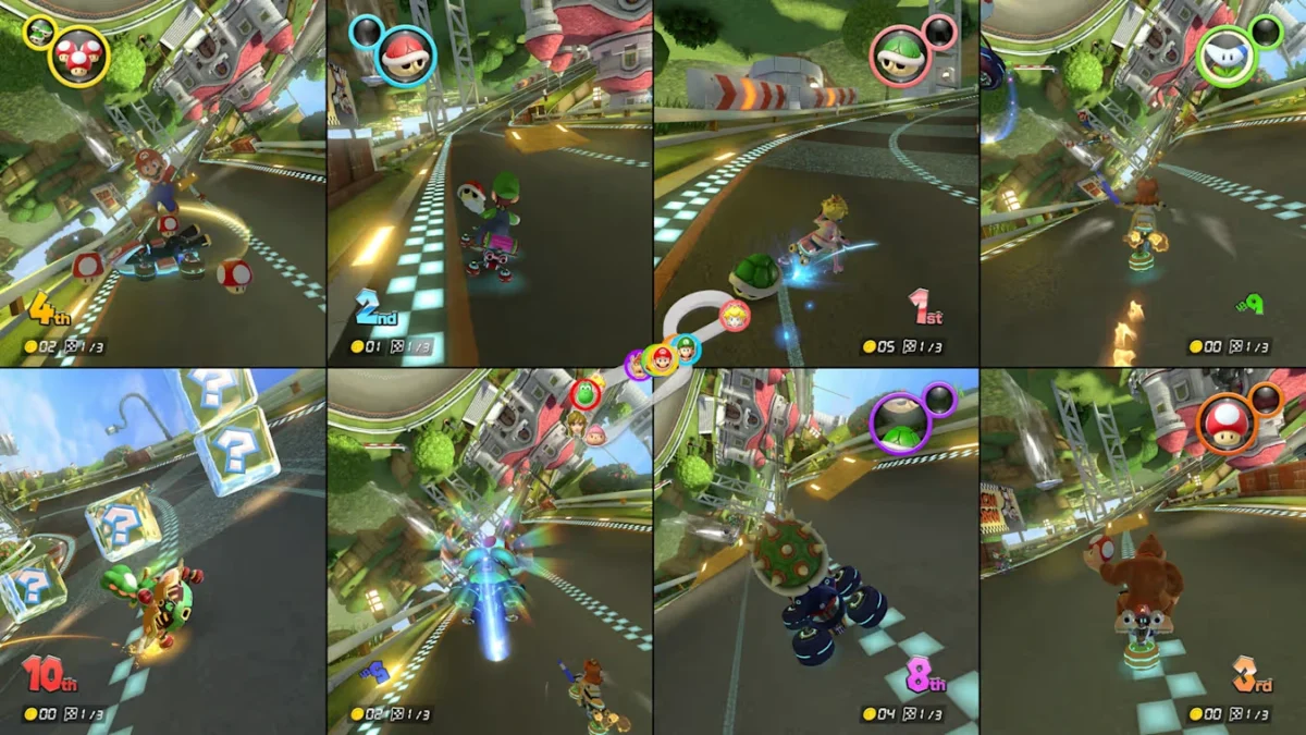 Mario Kart 8 Deluxe com oito jogadores em tela dividida