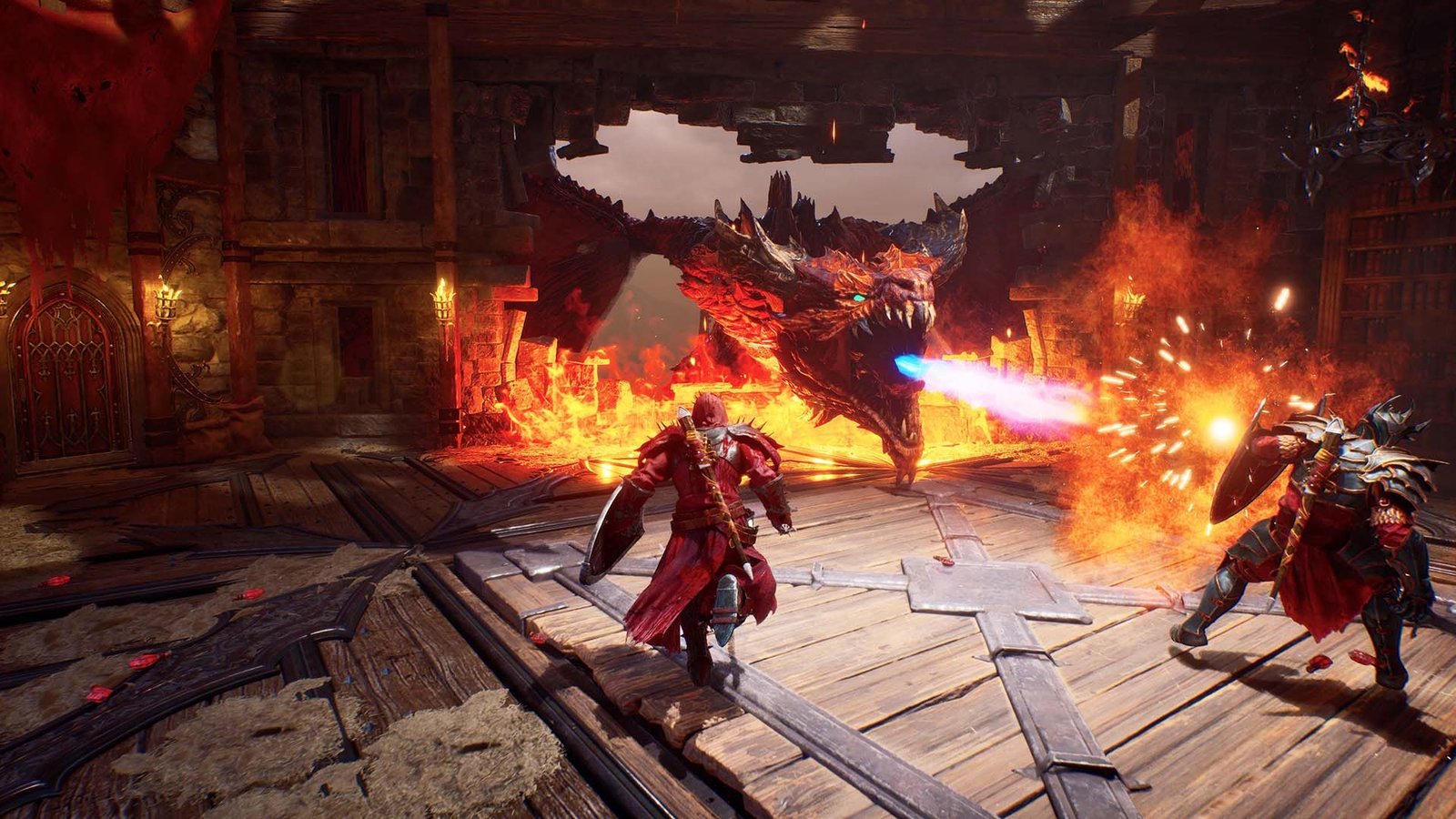 Nephilim enfrentando uma criatura infernal em uma fortaleza em chamas