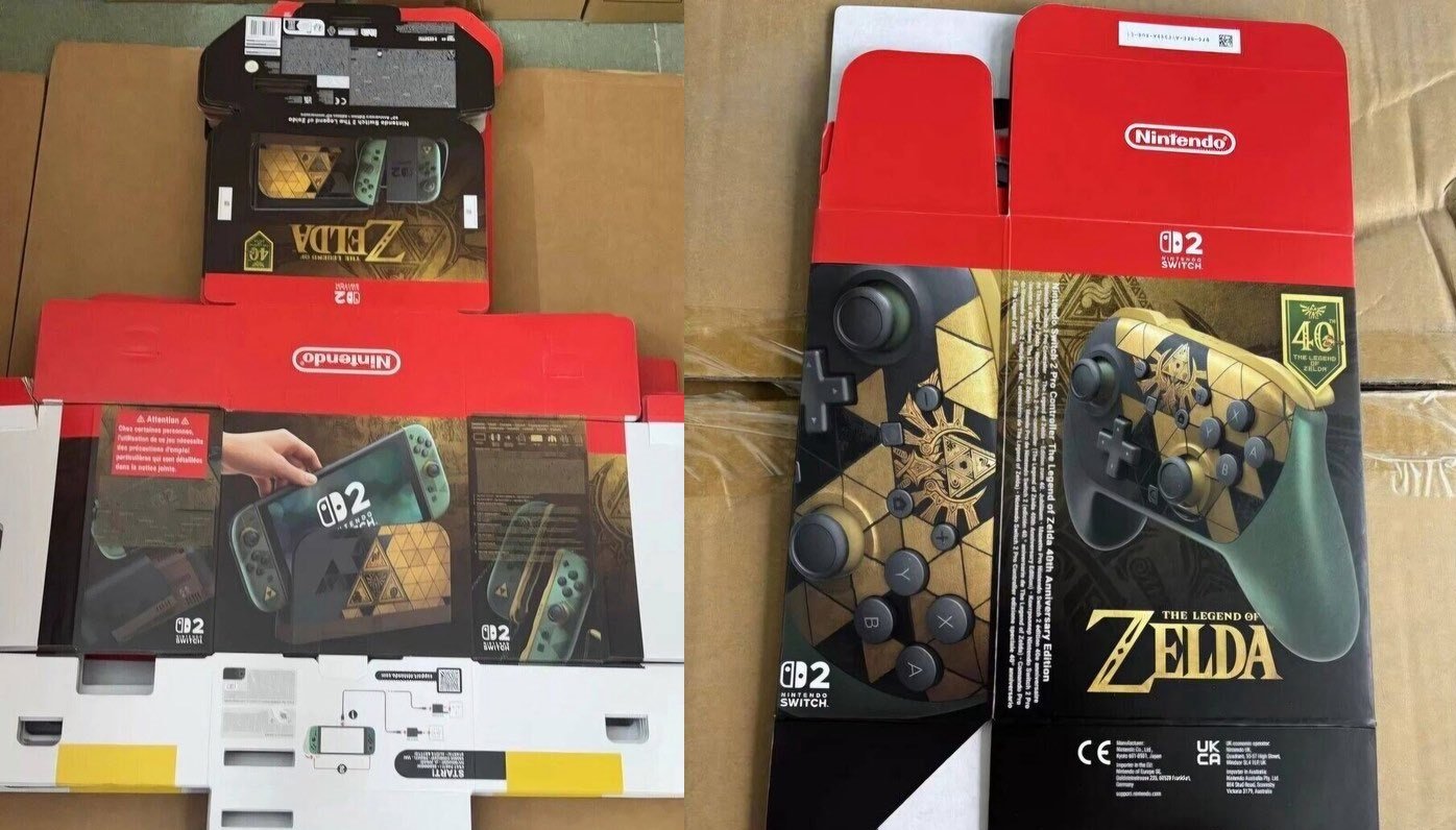 Embalagens do Nintendo Switch 2 e Pro Controller edição Zelda 40º aniversário