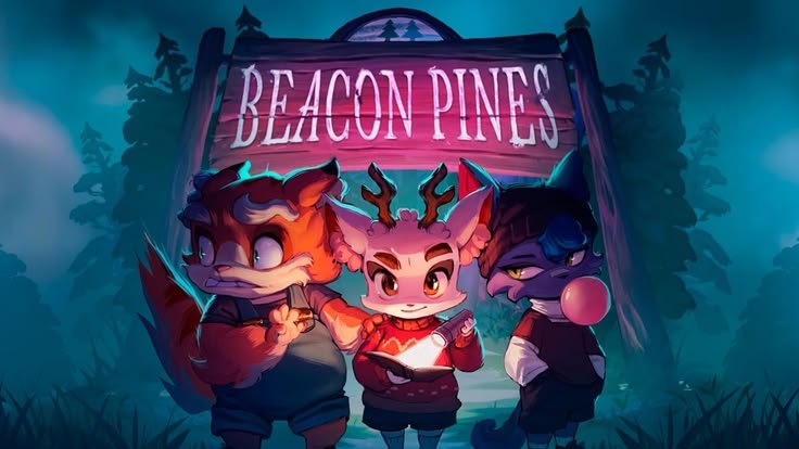Beacon Pines - Personagens em cenário noturno com neon