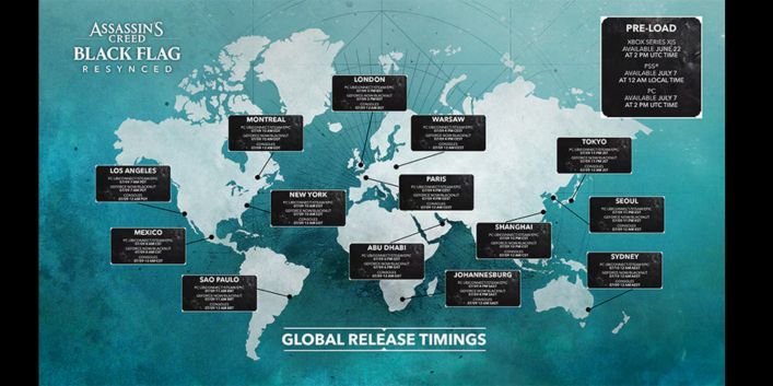 Mapa mundial com horários de lançamento do Assassin's Creed Black Flag Resynced mostrando diferentes regiões (Londres, Montreal, Los Angeles, México, São Paulo, Paris, Nova York, Tóquio, Seul, Sydney, Abu Dhabi, Xangai) com seus respectivos horários de desbloqueio