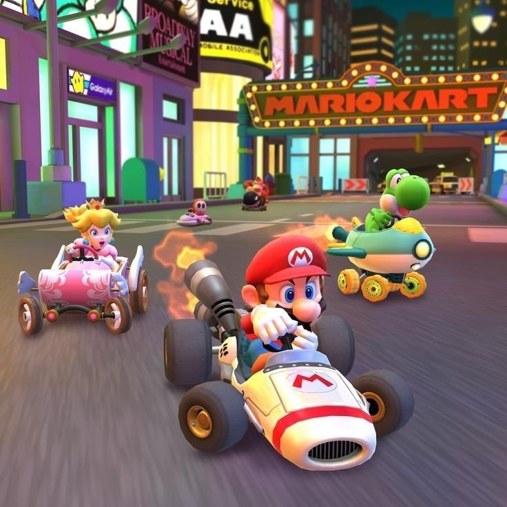 Personagens de Mario Kart em pista de corrida