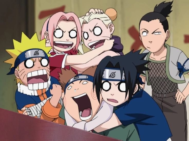 Naruto, Sakura, Sasuke e Kakashi em uma cena divertida do anime