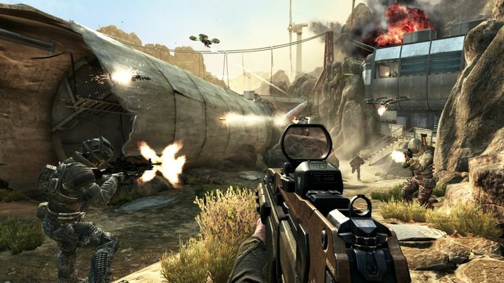 Cena de gameplay de Call of Duty Black Ops 2 mostrando combate em ambiente destruído