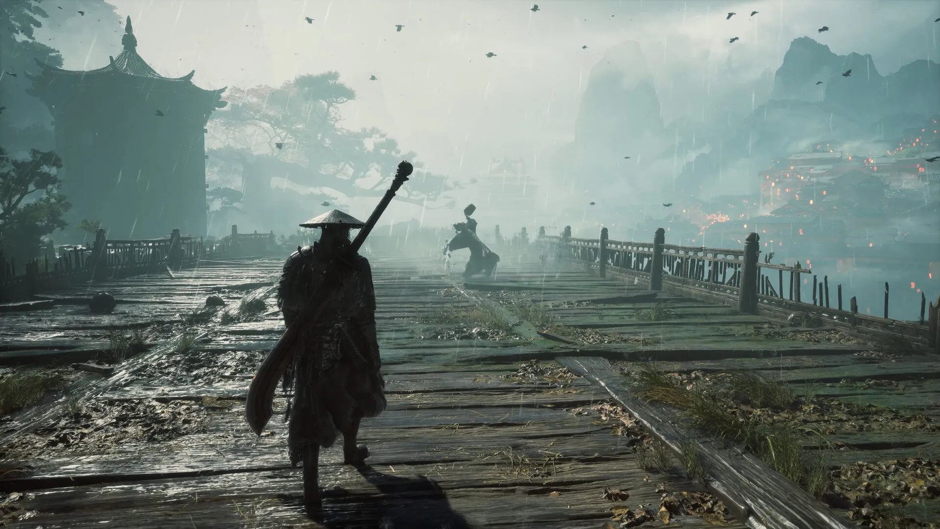 Phantom Blade Zero — guerreiro na ponte sob chuva