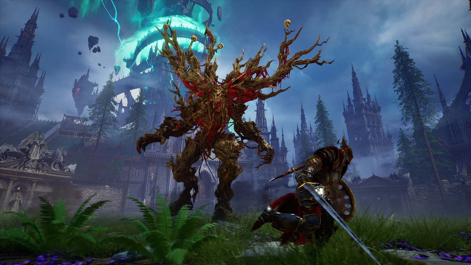 Guerreiro enfrentando criatura monstruosa em cenário de fantasia