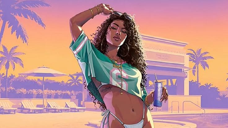 GTA 6 - Jason e Lucia em Vice City com cenário de praia ao fundo