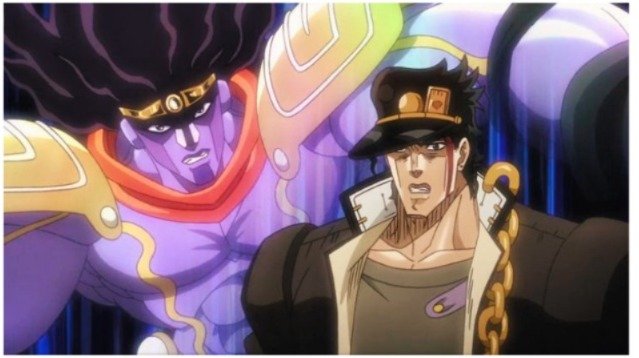 Personagens de JoJo's Bizarre Adventure em cena épica