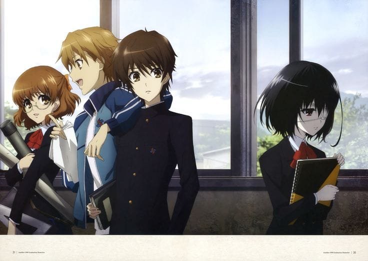 Personagens do anime Another em ambiente escolar