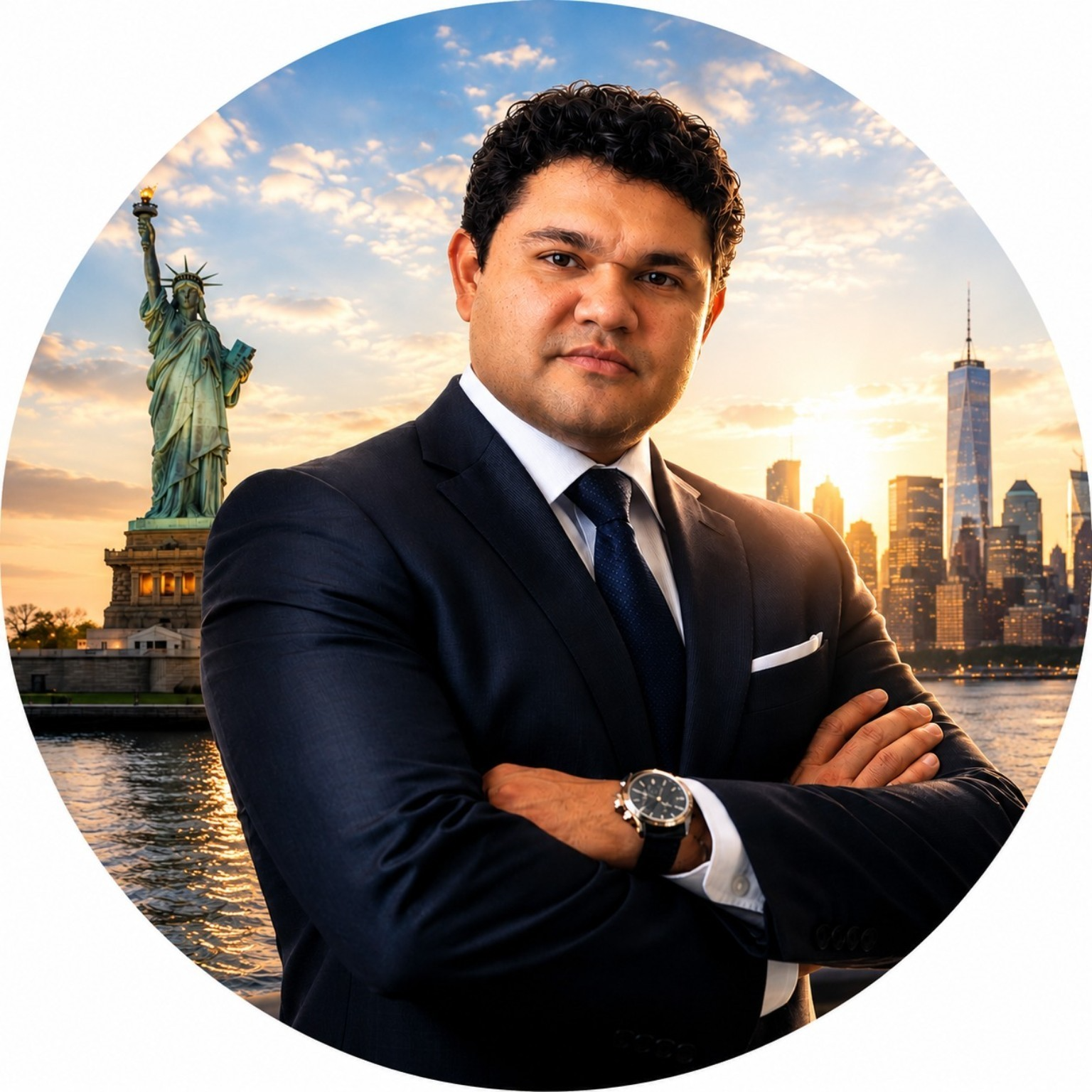 César Florian, abogado, con traje azul frente al horizonte de Nueva York al atardecer