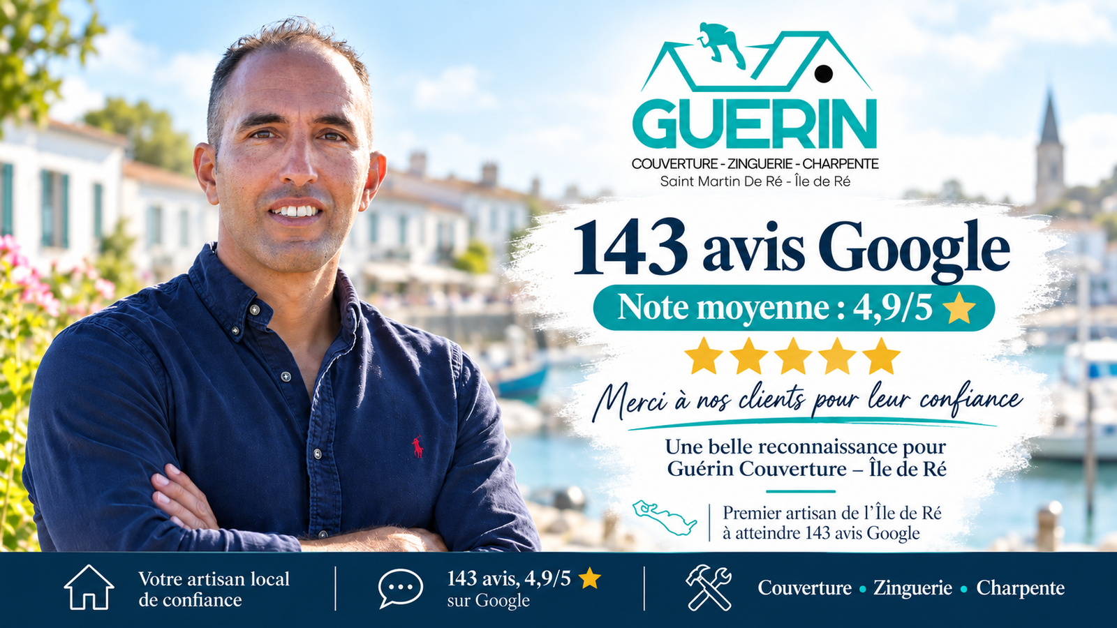 Guérin Couverture à Saint-Martin-de-Ré remercie ses clients pour leur confiance : 143 avis Google et une note moyenne de 4,9 sur 5.