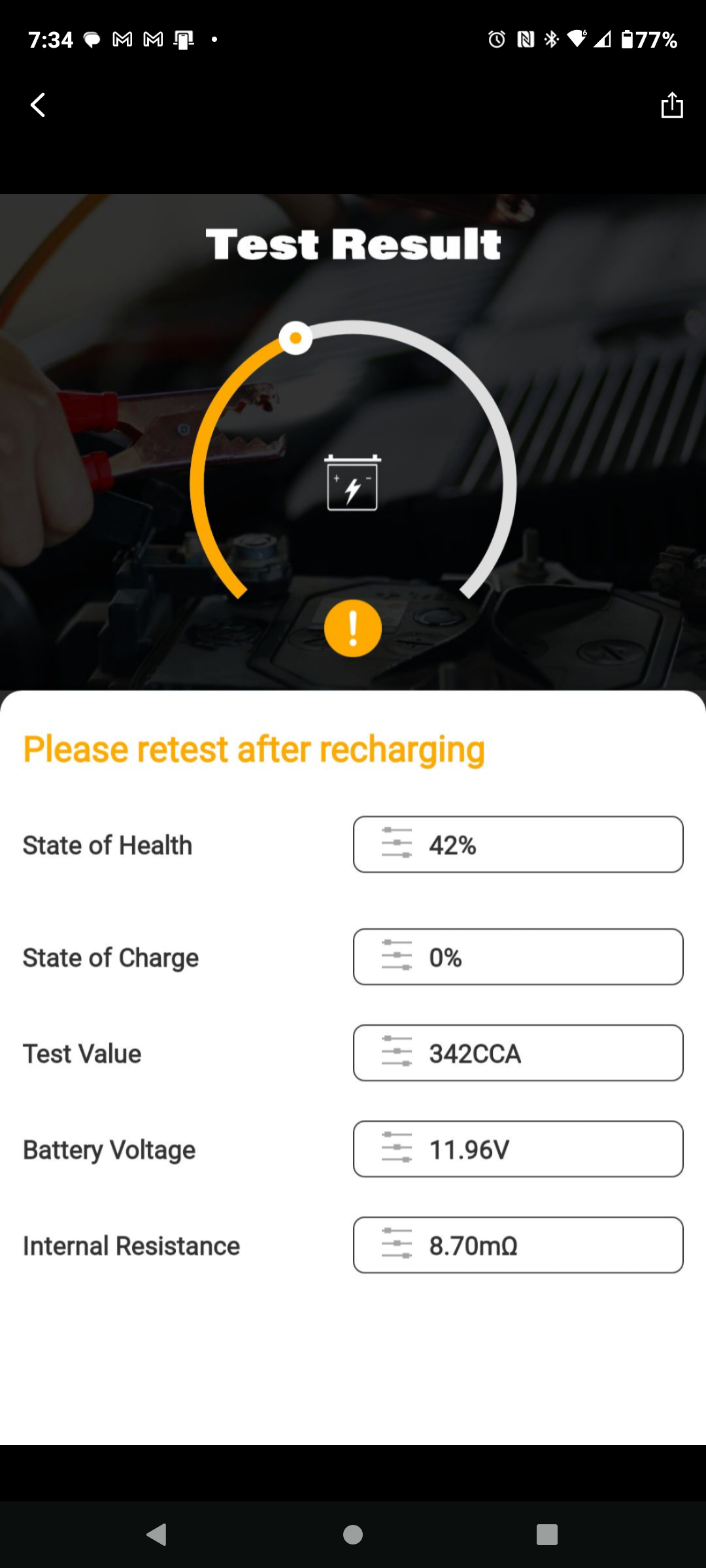 Battery diagnostic test result indicating retest needed after recharging