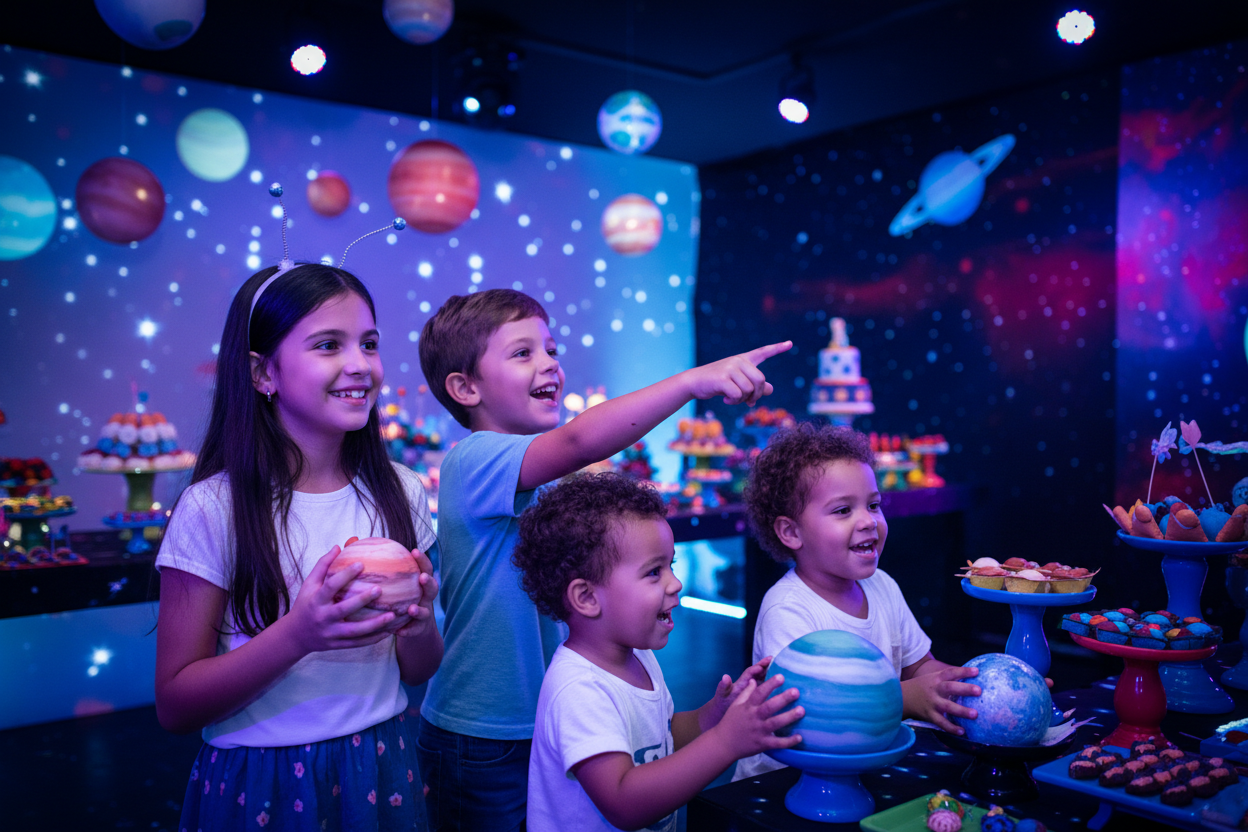 Festa de aniversário infantil com cenário e decoração do espaço sideral