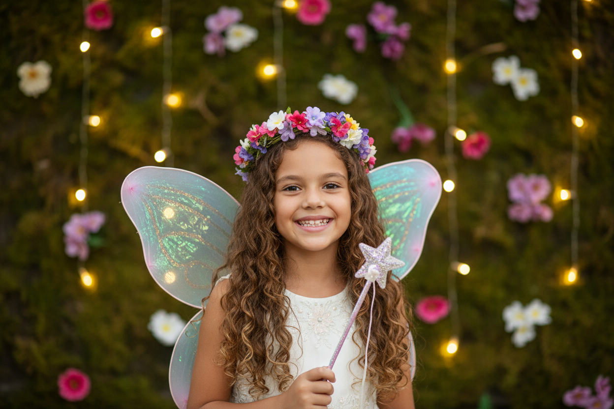 Menina fantasiada de fada em uma festa infantil temática