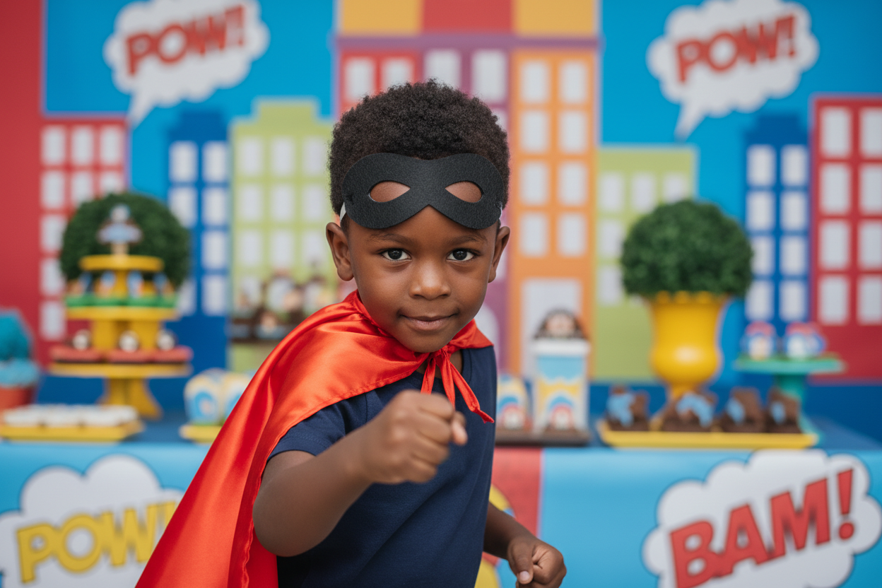 Criança fantasiada de super-herói em uma festa de aniversário infantil