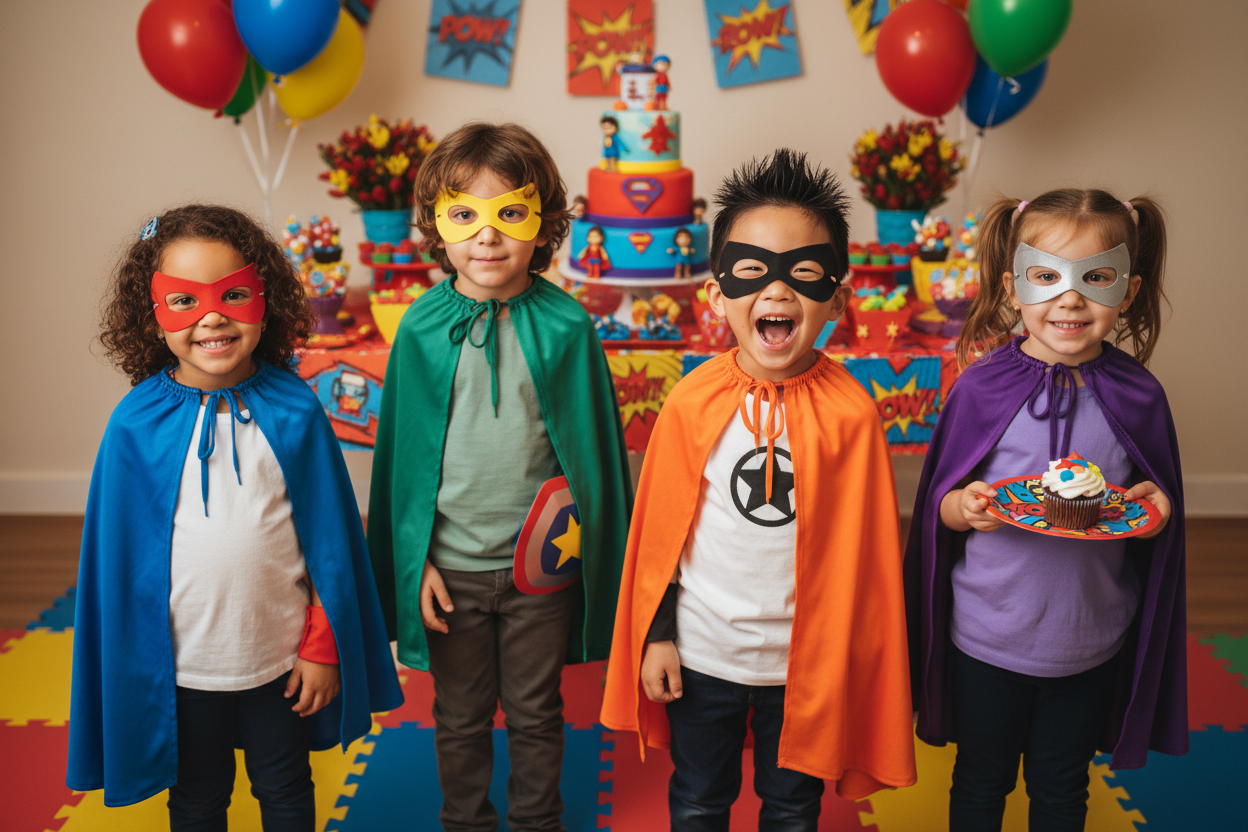 Decoração temática de super-heróis em uma festa de aniversário infantil