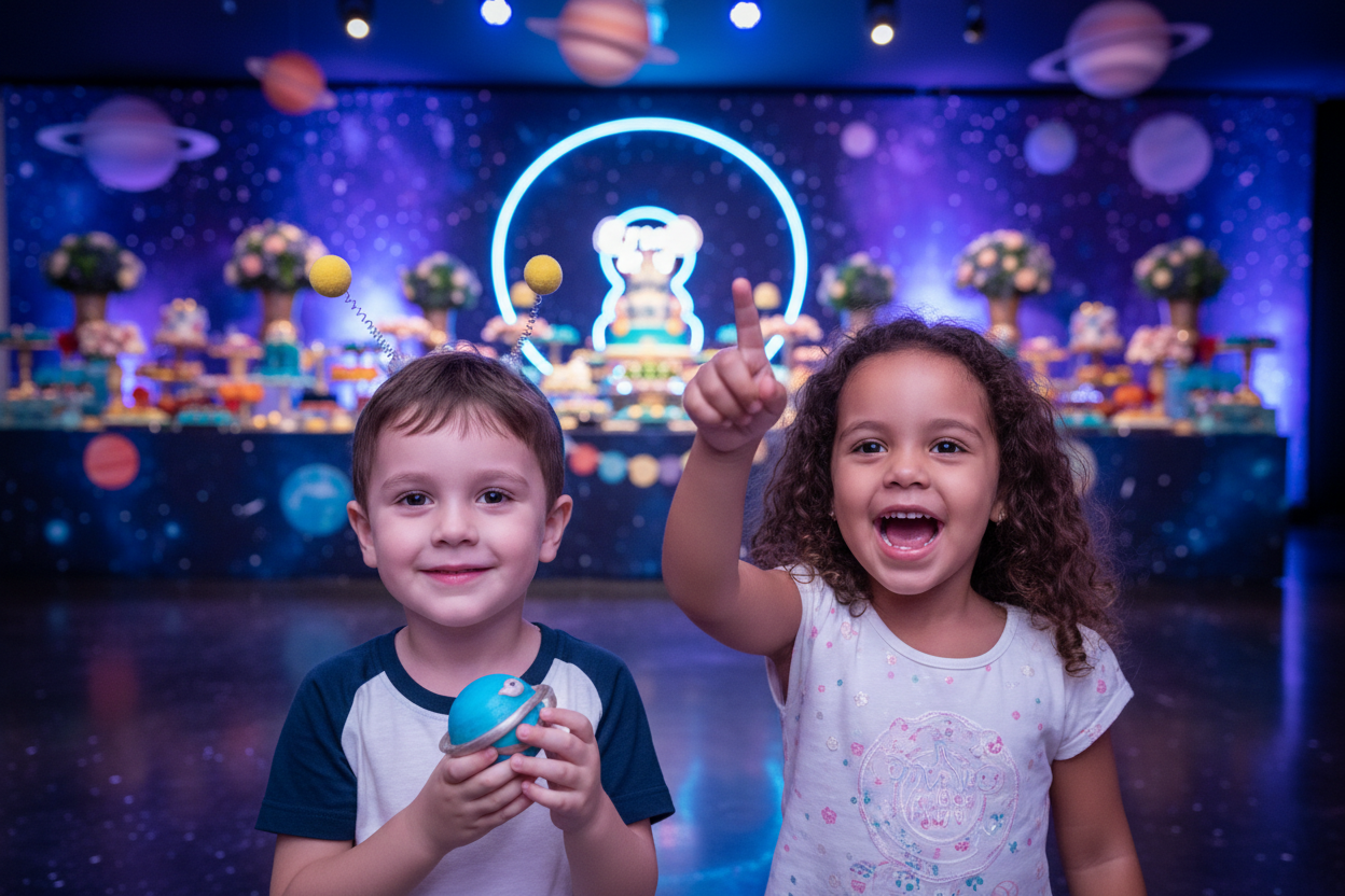 Crianças em uma festa infantil com decoração inspirada no espaço