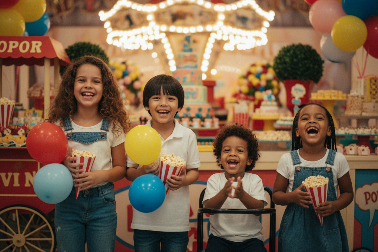 Crianças fantasiadas e brincando em uma festa infantil de carnaval