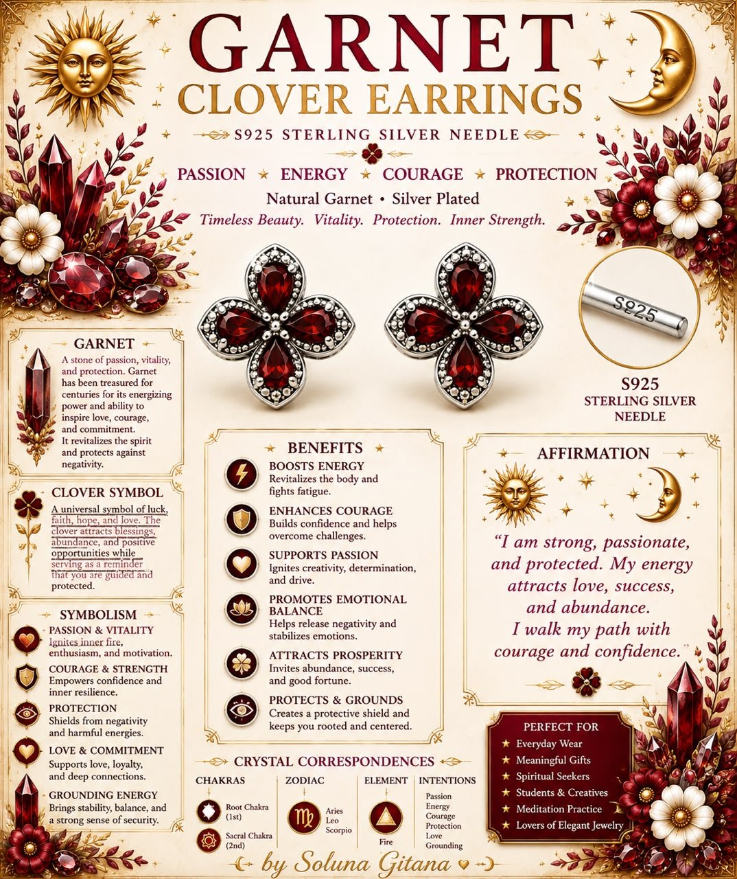 Garnet Clover Earrings For Sale — handmade crystal jewelry by Soluna Gitana