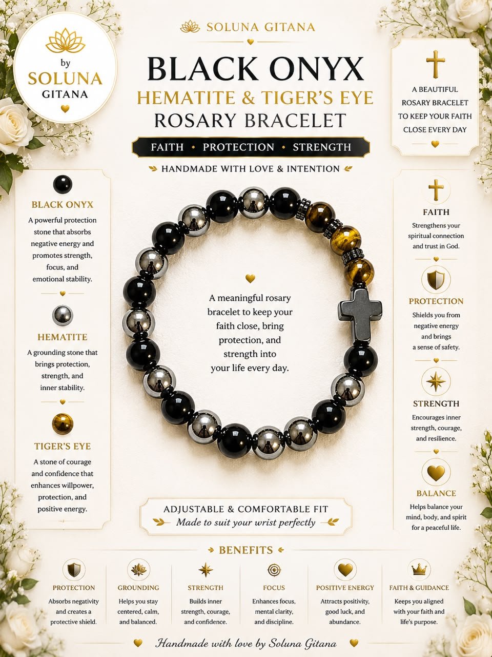 Black Onyx, Hematite & Tiger's Eye Rosary Bracelet For Sale — handmade crystal jewelry by Soluna Gitana