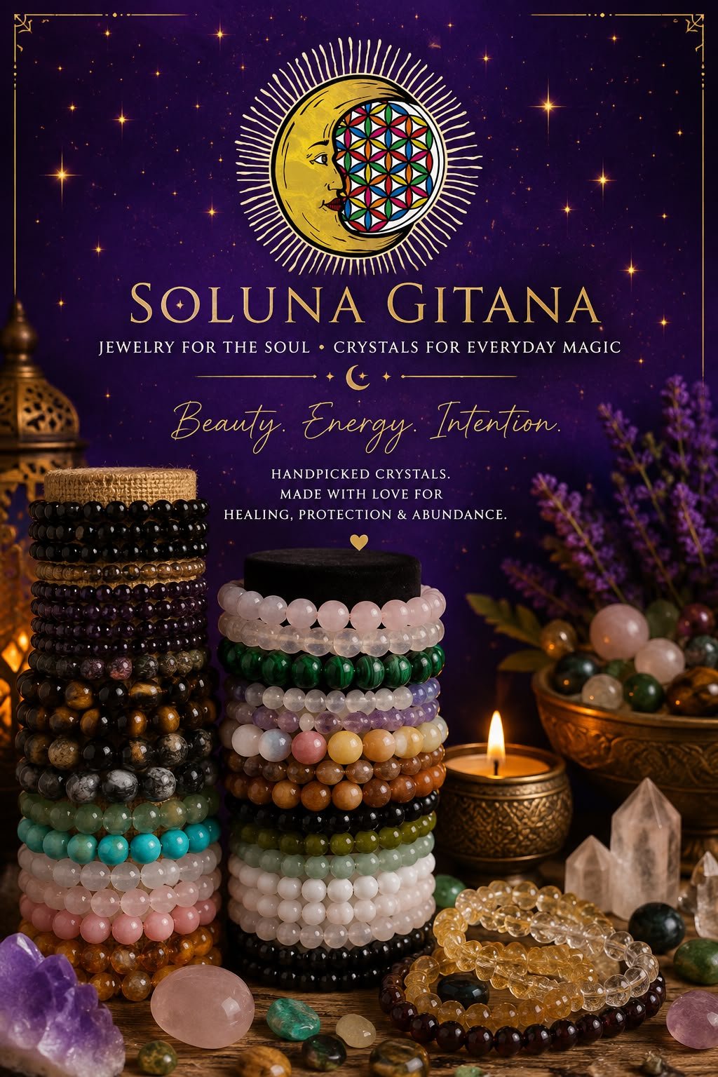 Premium crystal collection featuring dark amethyst, black tourmaline, and handcrafted spiritual jewelry with gold decorative elements and candles Soluna Gitana handpicked crystals and spiritual jewelry collection displayed with purple amethyst, dark gemstones, and gold accents