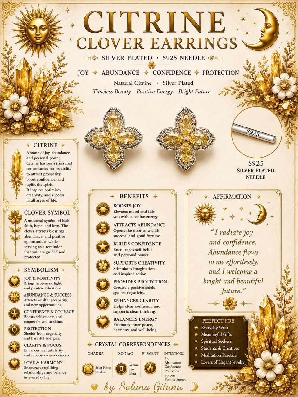 Citrine Clover Earrings For Sale — handmade crystal jewelry by Soluna Gitana
