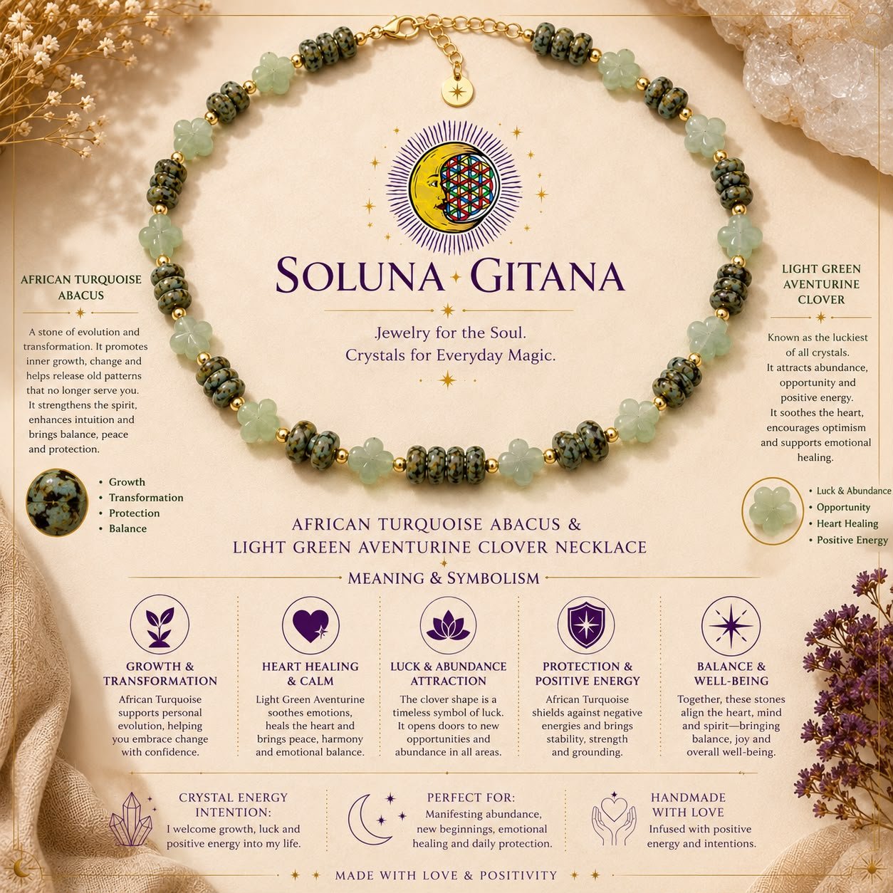 African Turquoise Abacus & Light Green Aventurine Clover Necklace For Sale — handmade crystal jewelry by Soluna Gitana
