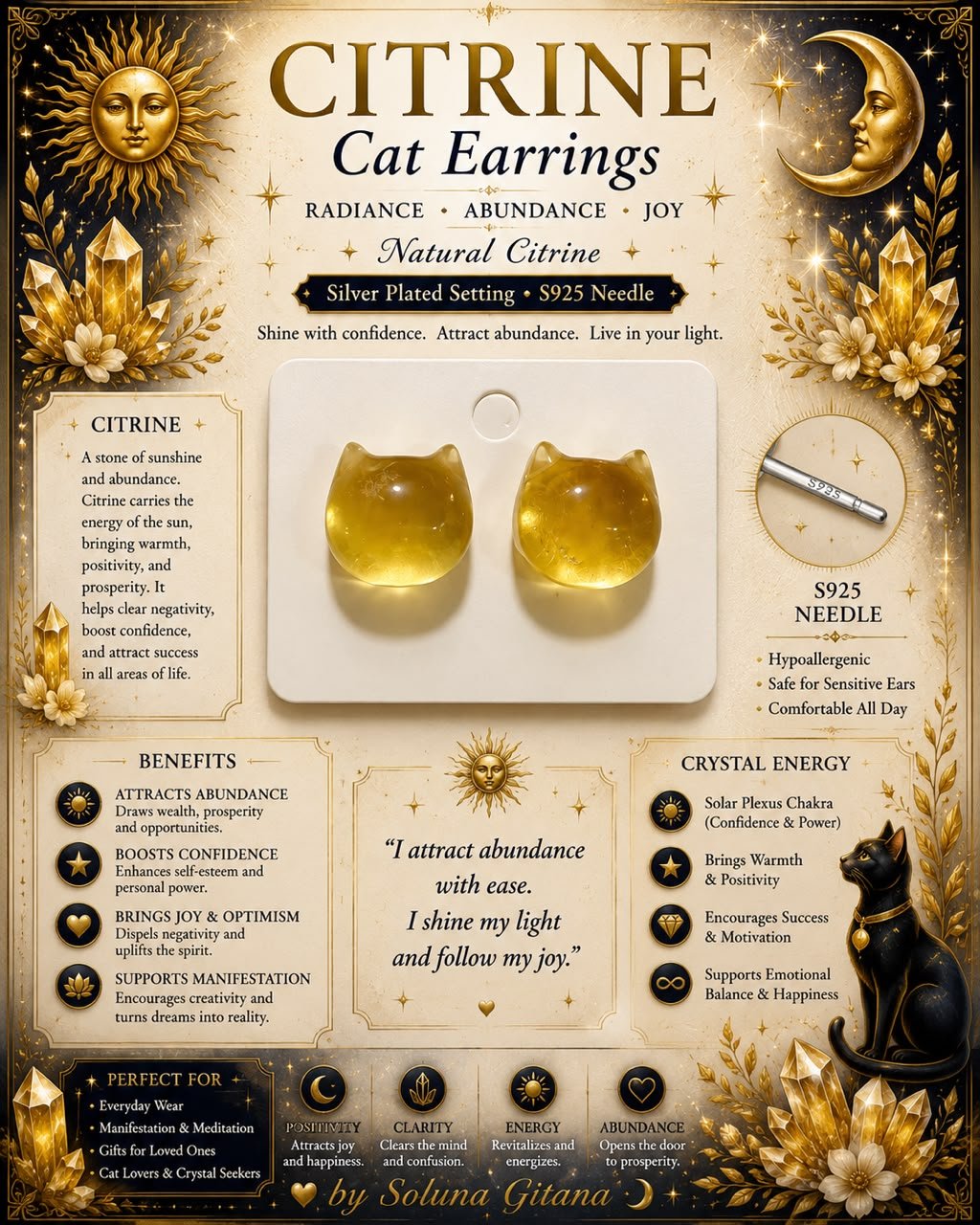 Citrine Cat Earrings For Sale — handmade crystal jewelry by Soluna Gitana