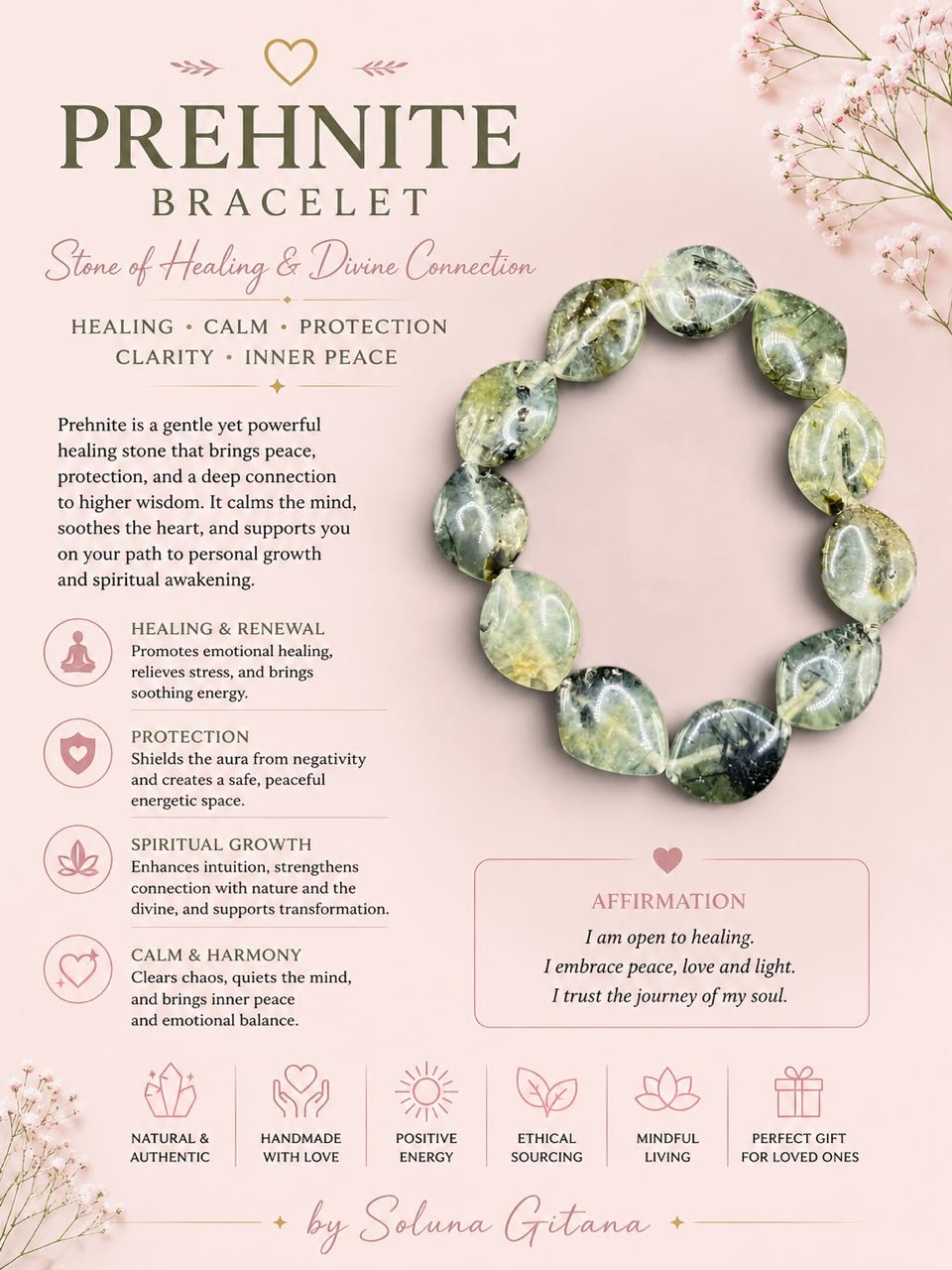 Prehnite Bracelet For Sale — handmade crystal jewelry by Soluna Gitana