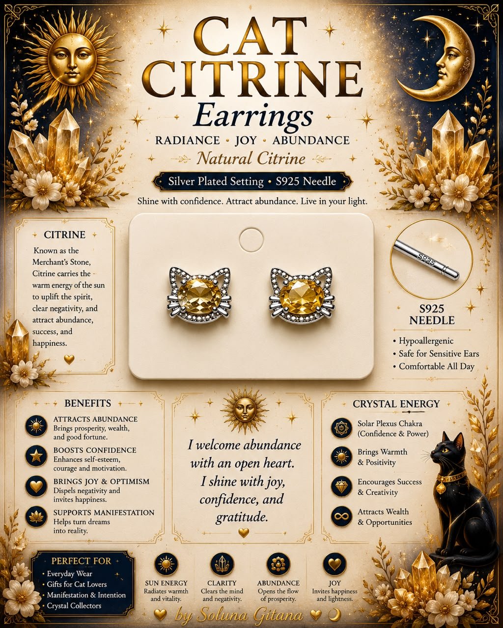 Cat Citrine Earrings For Sale — handmade crystal jewelry by Soluna Gitana