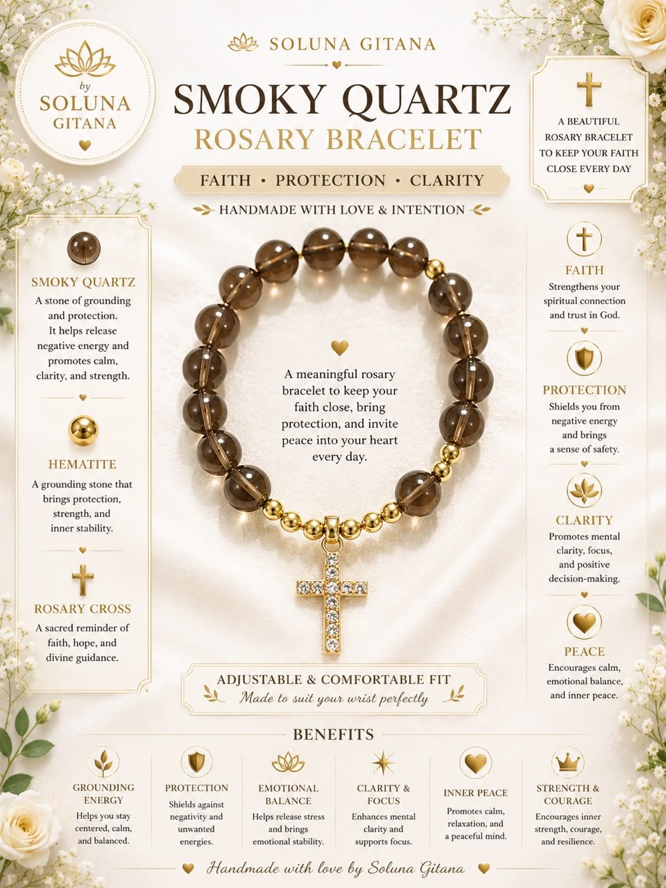 Smoky Quartz Rosary Bracelet For Sale — handmade crystal jewelry by Soluna Gitana