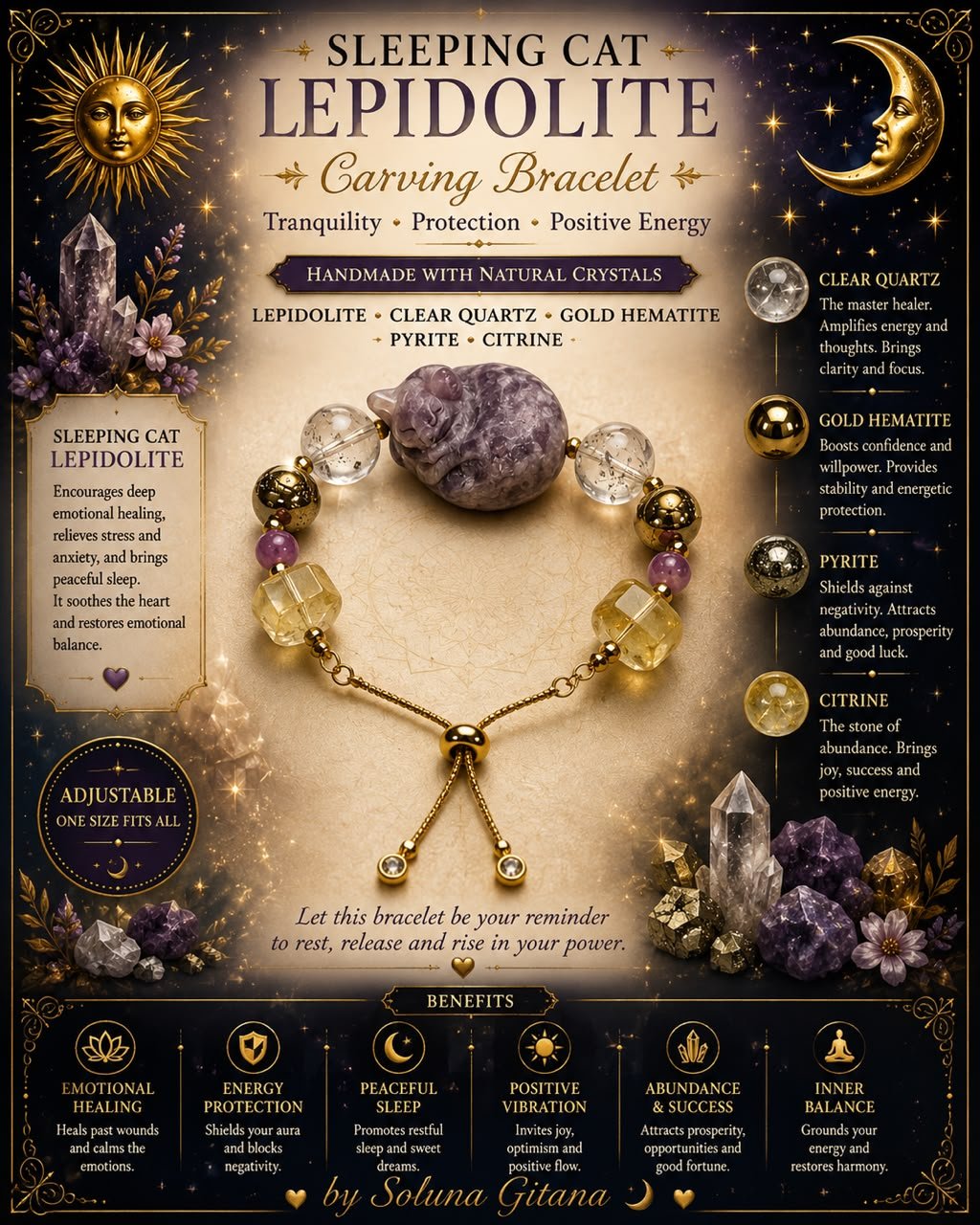 Sleeping Cat Lepidolite Bracelet - Tranquility • Protection • Positive Energy | Soluna Gitana