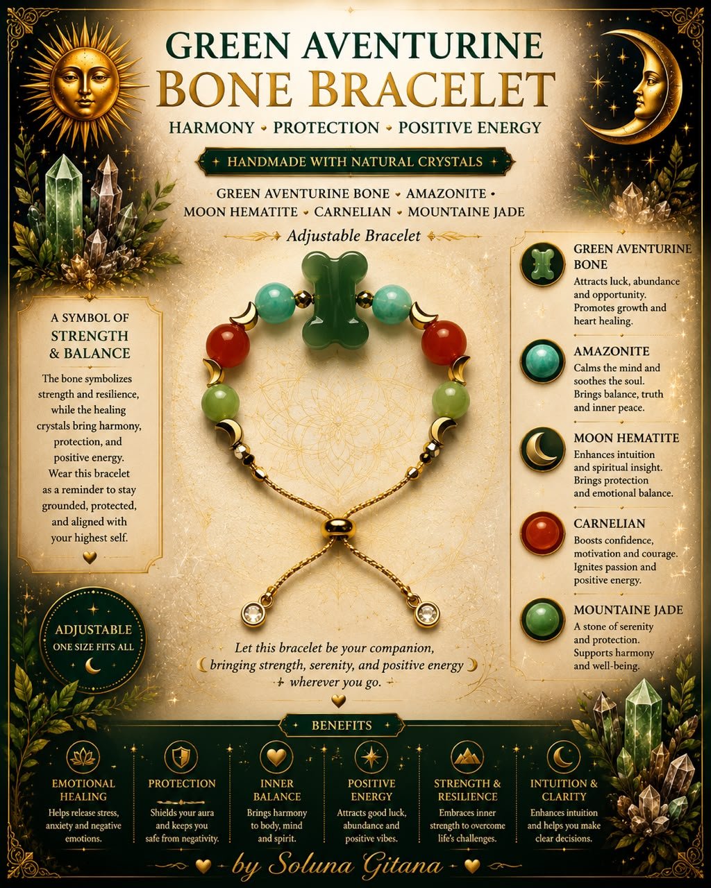 Green Aventurine Bone Bracelet For Sale — handmade crystal jewelry by Soluna Gitana