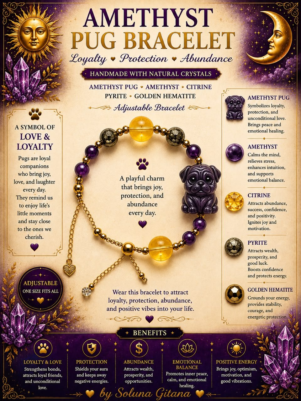 Amethyst Pug Bracelet For Sale — handmade crystal jewelry by Soluna Gitana
